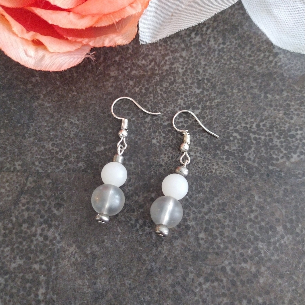 Gray and White Beaded Earrings